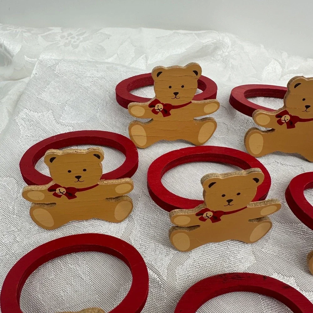 Hallmark Napkin Rings Red Good Ginger Bear Wooden Set of 8 Vintage XNR20-7